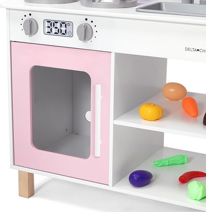 Delta Children Tiny Chef Play Kitchen - Toy Kitchen Playset with Realistic Knobs That Turn/Click, Oven, Sink, Microwave and 15 Pieces of Play Food, Pink