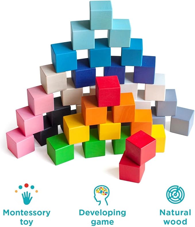 Ulanik Small Colored Cubes Toddler Montessori Toys for 3 Year Old + Kids Wooden Building Blocks Game for Learning Color Sorting and Counting — 40 pcs, 1.2 in