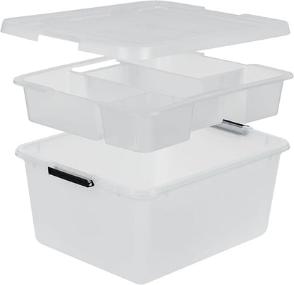 IRIS USA 18 QT Clear Storage Organizer with Removable Dividers, Stackable Plastic Storage Box with Lid, Modular Container for Crafts, Tools, Office & Pantry Organization