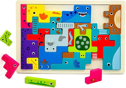 Wooden Blocks Puzzle Russian Blocks for Kids Age 3 4 5 Years Old, Children's Puzzle Game Board Learning Education Montessori Toddler Puzzle Wooden Toys for Kids Birthday Party Gift (Ocean)