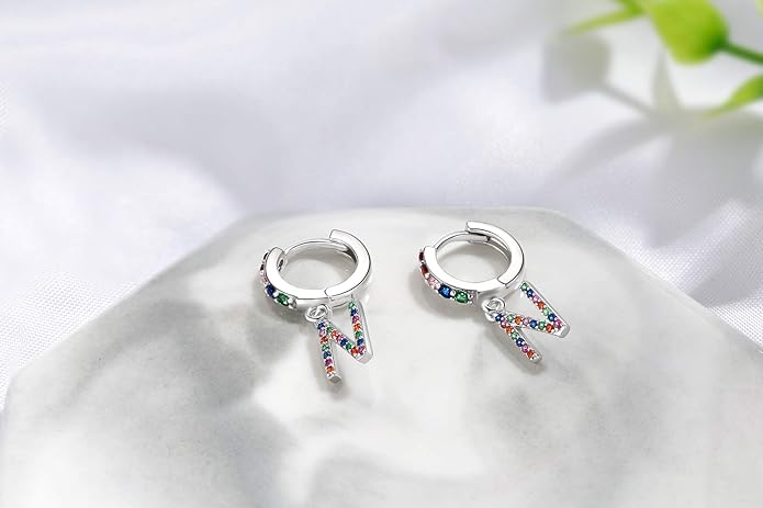 Presentski Initial Earrings 925 Sterling Silver Colorful Huggie Small Hoop Earrings Rainbow CZ Drop Dangle Simple Alphabet Earrings S925 Hypoallergenic Earring Letter A-Z for Daughter Women