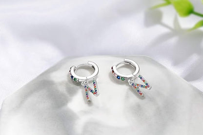 Presentski Initial Earrings 925 Sterling Silver Colorful Huggie Small Hoop Earrings Rainbow CZ Drop Dangle Simple Alphabet Earrings S925 Hypoallergenic Earring Letter A-Z for Daughter Women