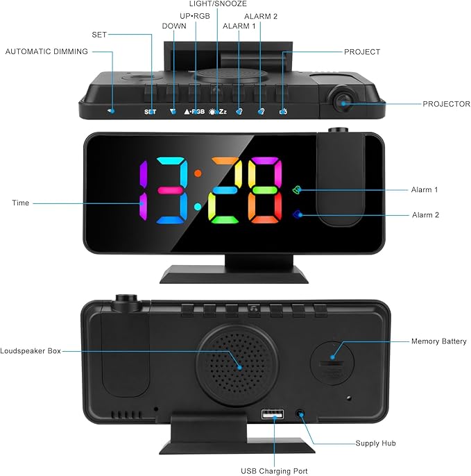 Projection Alarm Clock for Bedroom Ceiling,11 Colors RGB Digital Clock Large Display, 7.3'' Large Mirror Screen with Dual Alarm,5 Auto Dimmer,12/24H, Snooze,180°Projector on Ceiling