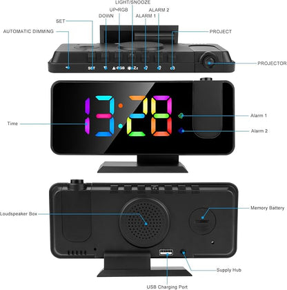 Projection Alarm Clock for Bedroom Ceiling,11 Colors RGB Digital Clock Large Display, 7.3'' Large Mirror Screen with Dual Alarm,5 Auto Dimmer,12/24H, Snooze,180°Projector on Ceiling