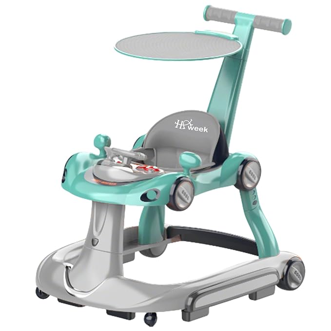 Baby Walker with Wheels, 7-in-1 Foldable Baby Walkers for Boys Girls 6-12 Months with Feeding Tray & Music, Lights,Rocker,Sun Canopy, Bouncing Pedal, Adjustable Wheel Speed, Push Walker(Green)