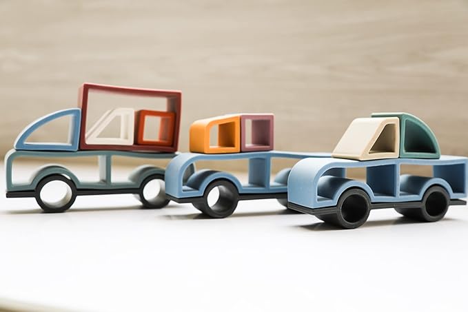 Stick It Montessori Food Grade Silicone Stacking Vehicles, 14 Pcs Toddler Baby Building Blocks Teether Educational Open Ended Shapes STEM Toy, 18+ Months (Set of 3 (Truck, Van, Car))