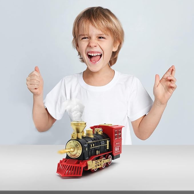Hot Bee Train Toys Train Steam Locomotive Engine Toy, Smoke, Lights & Sounds, for 3 4 5 6 7+ Year Old Kids