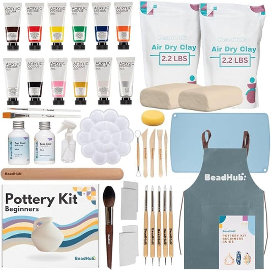 Air Dry Clay Pottery Kit for Adults Beginner, Starter Kit with 4.4Lbs Air-Dry Modeling Clay, Sculpting Tools, Paint & Glaze, Molding, Sculpt & Painting Set Hobby DIY Art Craft Kits (Gray Beige)