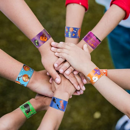 Halloween Party Favors for Kids, 48 PCS Halloween Slap Bracelets Assorted Bulk Party Decorations, Snap Bracelet Wristbands for Kids Print with Spider Pumpkin Ghost Print Halloween Treats Supplies