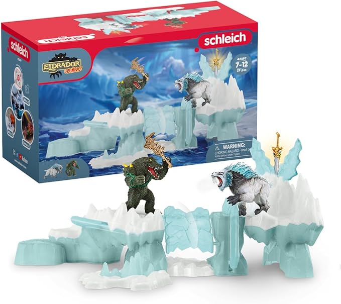 Schleich Eldrador Creatures Attack on Ice Fortress Playset with Ice Monster and Jungle Monster Action Figures - Features Battle Crocodile with Moving Arms and Sabre Tooth Tiger, Gift for Kids Ages 7+