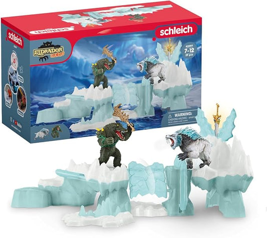 Schleich Eldrador Creatures Attack on Ice Fortress Playset with Ice Monster and Jungle Monster Action Figures - Features Battle Crocodile with Moving Arms and Sabre Tooth Tiger, Gift for Kids Ages 7+