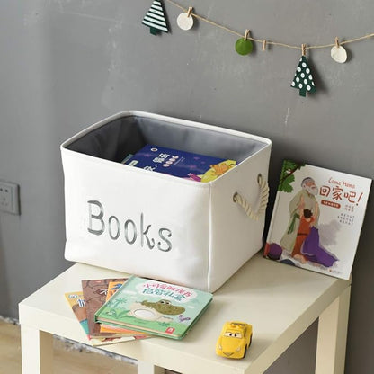 INough Book Basket for Kids Room, Book Storage Basket Book Organizer for Nursery Room Classroom Library Book Storage Box Collapsible Book Bins with Drawstring Closure for Cartoon Book Reading