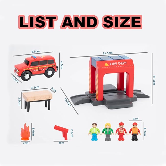 Fire Station Playset Toy for Wooden Train Track,Creative City Firestation Shed Railway Accessories Preschool Learning Educational Pretend Toys for Toddler Kids