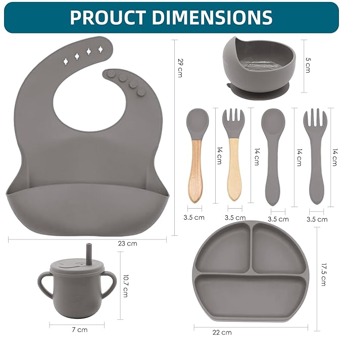 100% Silicone baby feeding set,BPA free Baby dishes set with Suction Bowl Divided Plate,Toddler Self Feeding Dish Set with Spoons Forks Sippy Cup And Bib, Baby Eating Utensils (Light Brown)
