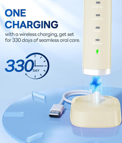 Bymore Electric Toothbrush for Adults, Toothbrushes Set with 8 Replacement Teeth Brush Heads, Portable Brushing with 5 Clean Modes Oral Care Essentials One Charger Last for 330 Days (Beige)