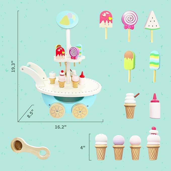 Wooden Ice Cream Truck Toy Playset with Ice Cream Toys,Ice Cream Cart Toys for Toddlers and Kids 3-7,Learning Toys for Boys & Girls, Daycare/Preschool Educational Toys,Pretend Play Toys