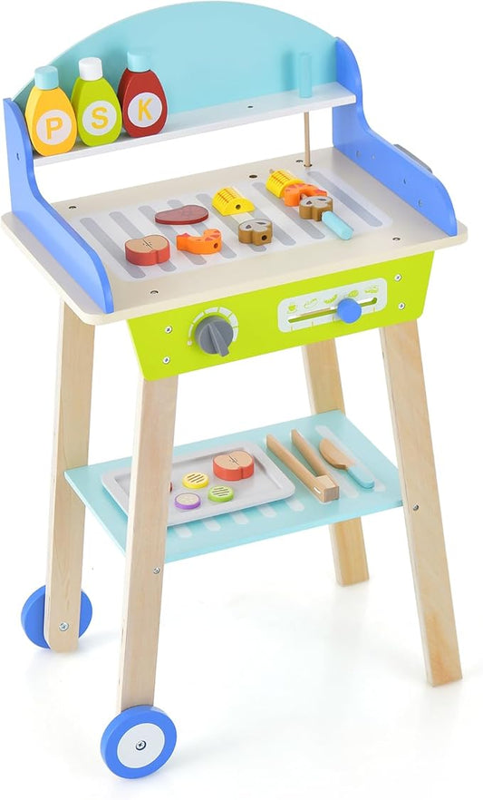 Costzon Kids Barbecue Grill Playset, Wooden Pretend Cooking Truck with 21 Play Food & Barbecue Accessories, Role Play BBQ Toy Set, Interactive Little Chef Cooking Play Stand for Girls & Boys Age 3+