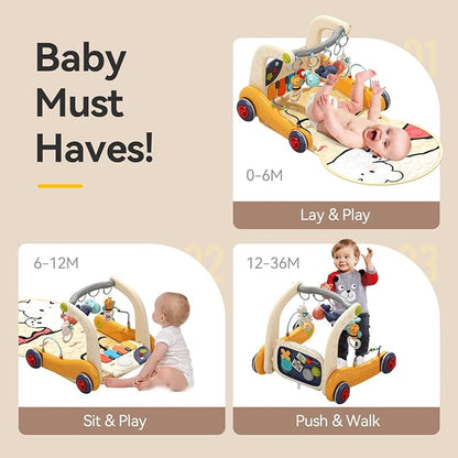 Baby Play Mat Gym,4-in-1 Kick and Play Piano Tummy Time Mat Learning Walker-Musical Activity Center with Lights Seat and Push Walkers Ideas for Baby Newborn 6-12 18 Months Boy Girl