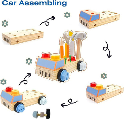 STEM Montessori Wooden Construction Toy Car Set with Real Tools for Kids Ages 3+ | Early Educational Building Kit, Fine Motor Skills Activity Gift for Boys & Girls