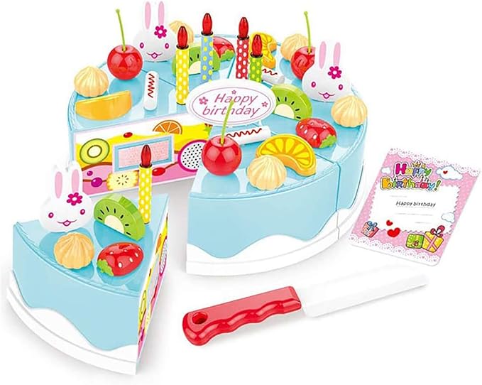 38 PCS DIY Cutting Birthday Party Cake Toy Pretend Play Kitchen Food Toys Set,DIY Fruit Cutting Kitchen Toys Pink/Blue Cut Cake Toys for Girls Boys Gift (38PCS Blue)