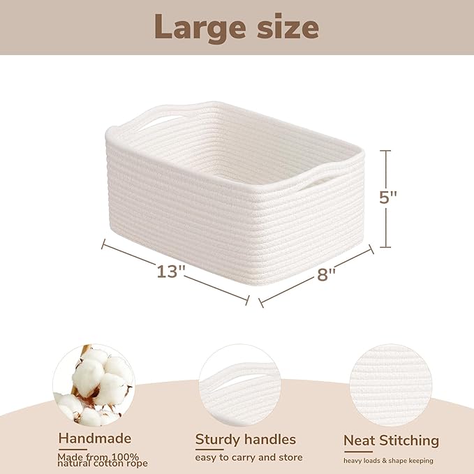 Goodpick Baskets for Organizing, Shelf Toy Basket for Organizing, Toy Organizer, Woven Rope Shelf Organizer 3 Pack for Nursery Organization, White, 13 x 8 x5 in