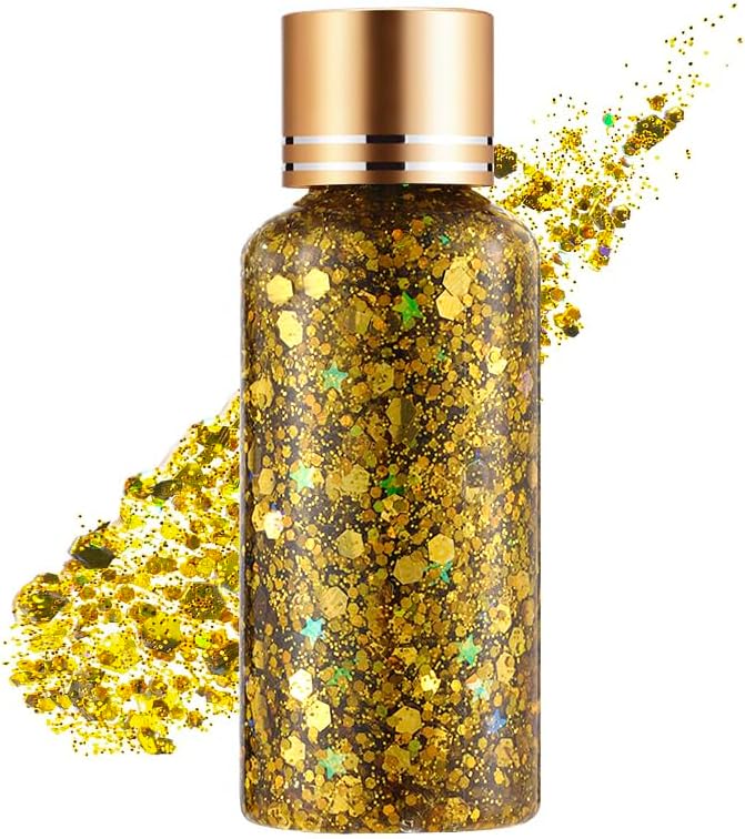Pure Gold Face Body Eye Rave Glitter Gel, Self-Adhesive Hair Glitter for Women Kids, Holographic Chunky Sparkle Shine Shimmer Makeup for Singer Concert Music Festival Accessories, 1oz