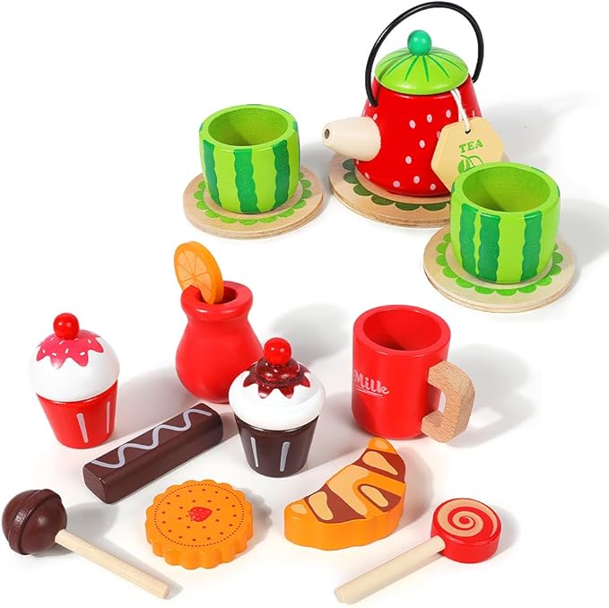 JAUNTY Tea Party Set Toy for Little Toddler Girl 3 4 5 6 Years Old, Wooden Tea Set Pretend Role Play Kitchen Toy with Carrying Case, 3-5 Year Old Kids Girls Boys Birthday