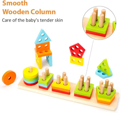 WOOD CITY Wooden Sorting & Stacking Toy, Shape Sorter Toys for Toddlers, Montessori Color Recognition Stacker, Early Educational Block Puzzles for Kids 1 2 3 Years Old Boys and Girls (5 Shapes)