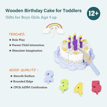 Pretend Play Food for Toddlers 1-3,Wooden Birthday Fake Cake with Candles and Numbers,Tea Party Learning Kitchen Gift Toys for Boys Girls (Rainbow Cake)