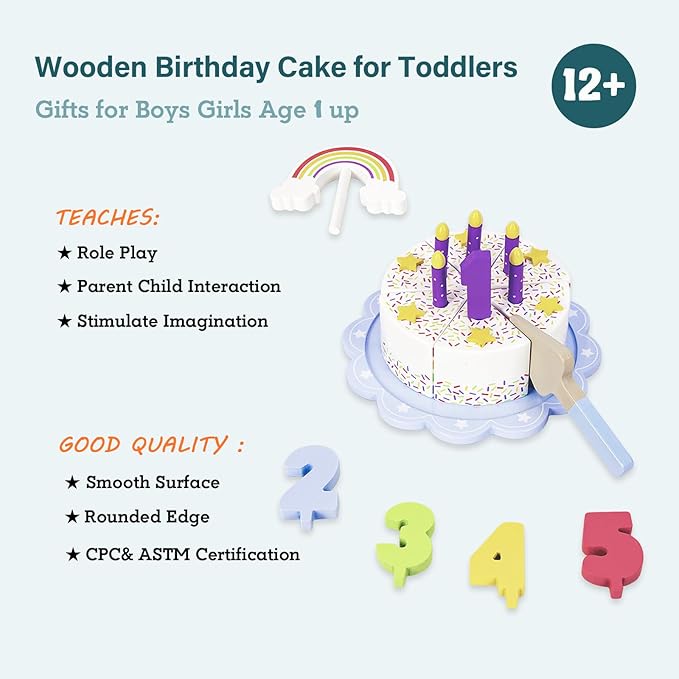 Pretend Play Food for Toddlers 1-3,Wooden Birthday Fake Cake with Candles and Numbers,Tea Party Learning Kitchen Gift Toys for Boys Girls (Rainbow Cake)