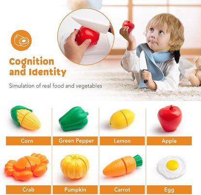 D-FantiX Kids Pretend Play Kitchen Accessories Set, Toddlers Pots and Pans Cookware Playset, Kids Cooking Toys with Utensils, Knife, Cutting Food Kitchen Playset for Girls and Boys Age 2 3 4 5 6 7