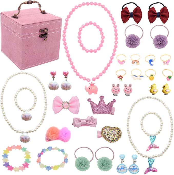 Little Girl Kids 3 Layer Lint Jewelry Box with Mirror and 35 Pieces Girl Princess Jewelry Dress Up Accessories Toy Playset Set