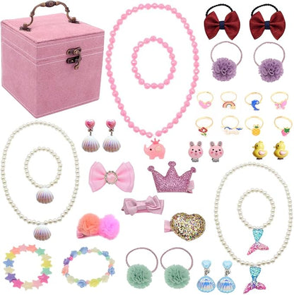 Little Girl Kids 3 Layer Lint Jewelry Box with Mirror and 35 Pieces Girl Princess Jewelry Dress Up Accessories Toy Playset Set