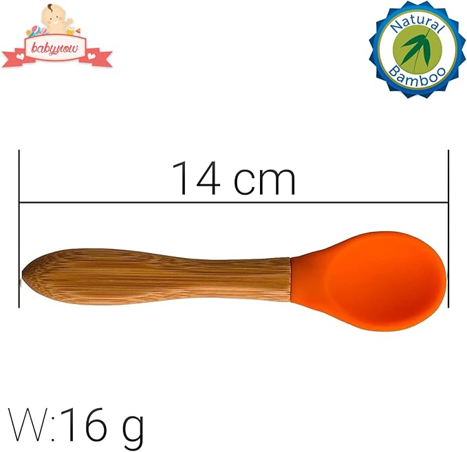 Babynow Bamboo Baby Spoons Self-Feeding Supplies for 6+ Months Babies & Toddlers in Bamboo & Soft Tip Designs ORANGE Pack of 2