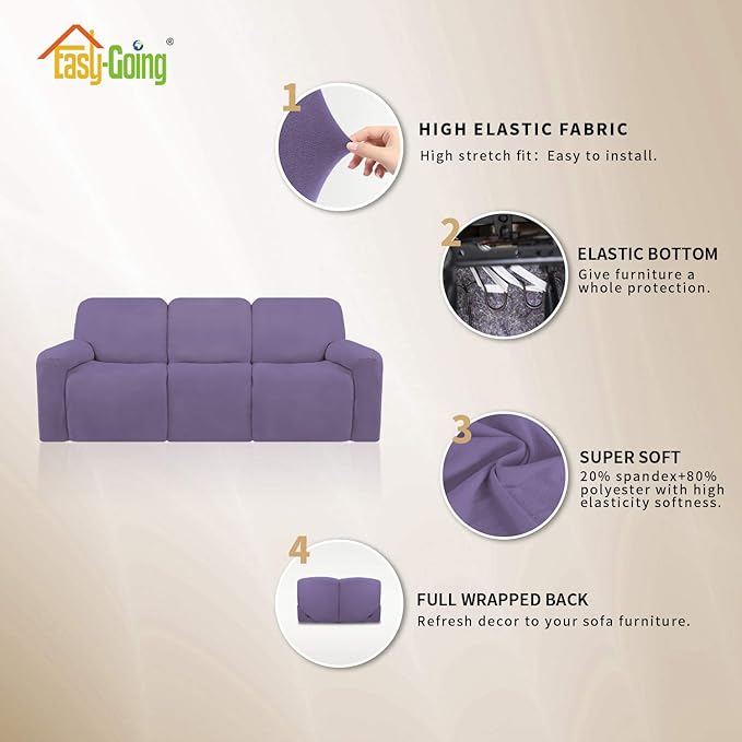 Easy-Going 8 Pieces Microfiber Stretch Sectional Recliner Sofa Slipcover Soft Fitted Fleece 3 Seats Couch Cover Washable Furniture Protector with Elasticity for Kids Pet(Recliner Sofa, Purple)