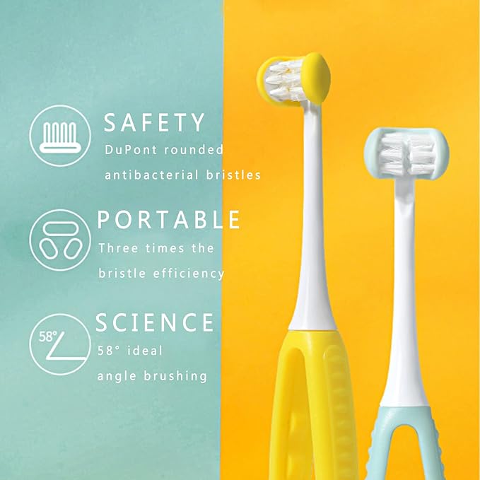 2 Pieces 3 Sided Toddler Toothbrush, Three Bristles for Kids Toothbrush, Autism Soft Bristles Toothbrush,Soft and Gentle for Complete Tooth and Gum Care (C2（Blue+Yellow） Kids)
