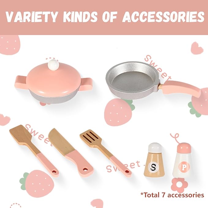 Wooden Pink Kitchen Playset,Kids Play Kitchen Utensils, Accessories for Pretend Play Kitchen Set, Montessori Learning Toy, Pretend Cooking Playset, for 3+ Girls
