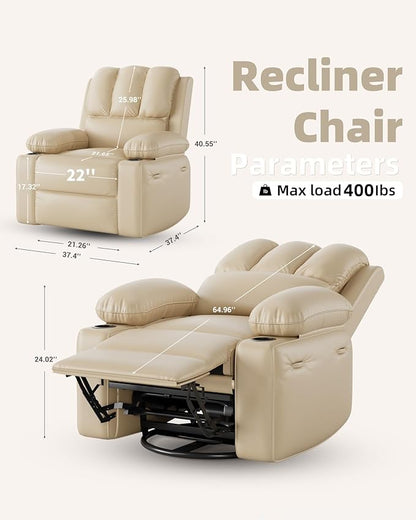 22'' Leather Recliner Chair for Adults, Overstuffed Manual Recliner Chair, Single Sofa with Cup Holder and Side Pockets, Upholstered Chair for Living Rooms, Creamy