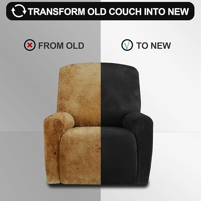 FestiCorp Recliner Chair Covers Real Velvet 4-Pieces Recliner Covers for Small Lazy Boy Recliner Chair Stretch Recliner Sofa Slipcovers Furniture Protector with Side Pocket & Elastic Bottom, Black