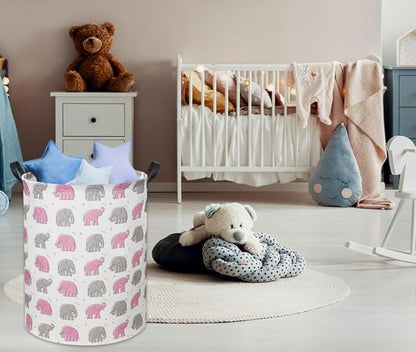Elephant Baby Laundry Basket Pink Girls Hamper Elephant Toy Storage Bin for Girls Room Decor Baby Nursery Hamper Gift Baskets for Bedroom Bathroom(Line Elephant)