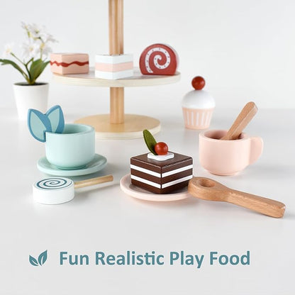PairPear Tea Party Set Dessert Stand Playset -Wooden Toys Pretend Play Food Kitchen Accessories for Toddler Tea Set Birthday Gift