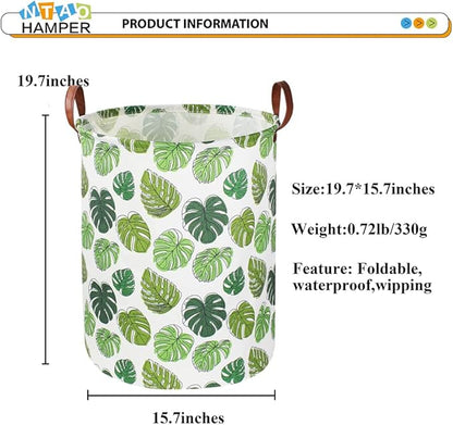 NTAOHAMPER Round Green Laundry Hamper, Jungle Themed Nursery Decor, Tropical Pattern Basket, Monstera Room Decor,Waterproof Storage Bin, Gift Basket(Leaf)