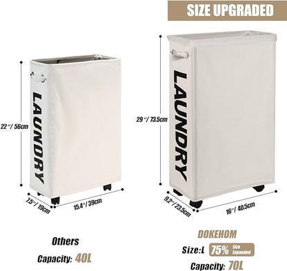 DOKEHOM 29-Inches Enlarged Slim Laundry Basket with Removable Wash Bag on Wheels, Collapsible Rolling Laundry Hamper, Foldable Narrow Corner Clothes Storage Bins (Beige)