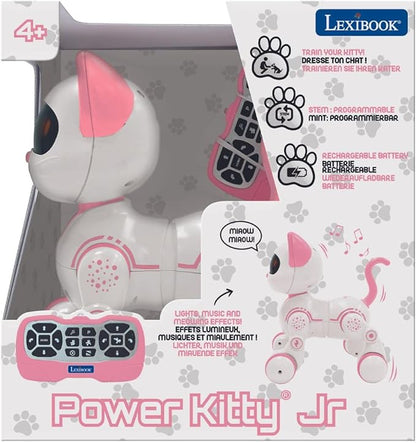LEXiBOOK, Power Kitty Jr., Remote Control cat to Train, Waddles Like a Real cat, Interactive Eyes, STEM programmable, Rechargeable Battery, Pink/White, KIT01