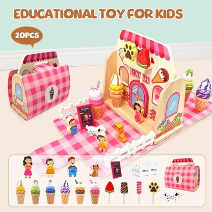 Migargle Wooden Ice Cream Shop Playset - Pretend Play Food & Kitchen Accessories for Kids Ages 3+, Portable Handbag Included, Ideal Christmas & Birthday Gifts for Girls and Boys