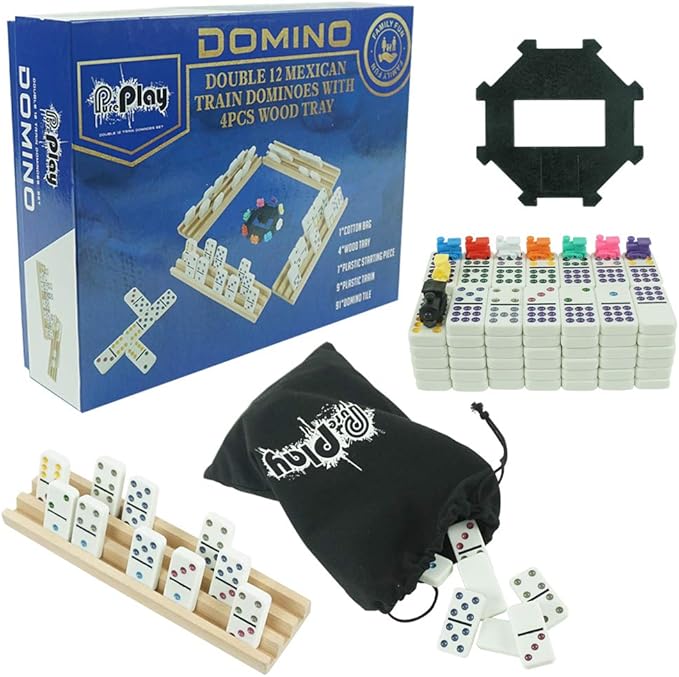 Mexican Train Dominoes Set - Double 12 Colored Dot Dominoes - Includes 91 Tiles with 9 Trains, 4 Wooden Trays and Storage Bag for 2-8 Players Ages 8+