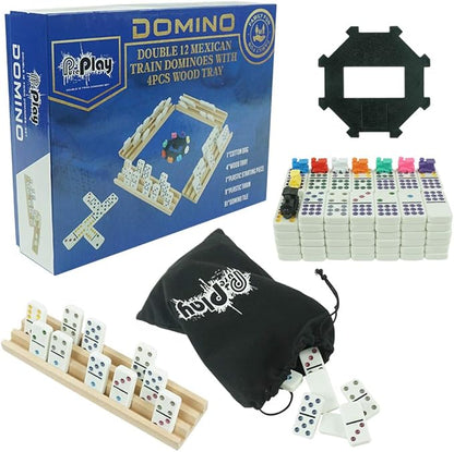 Mexican Train Dominoes Set - Double 12 Colored Dot Dominoes - Includes 91 Tiles with 9 Trains, 4 Wooden Trays and Storage Bag for 2-8 Players Ages 8+