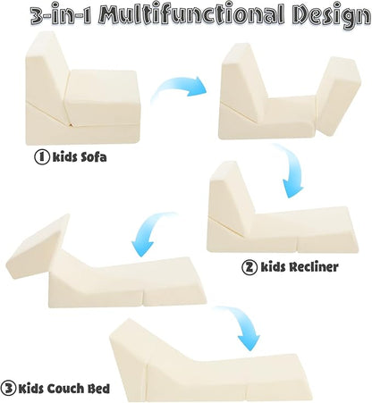 MeMoreCool Toddler Couch Fold Out Sofa Bed, Kids Lounge Chair Foldable Floor Lounger, 3-in-1 Folding Children Chair Bed, Pull Out Recliner for Toddlers 1-3, Beige