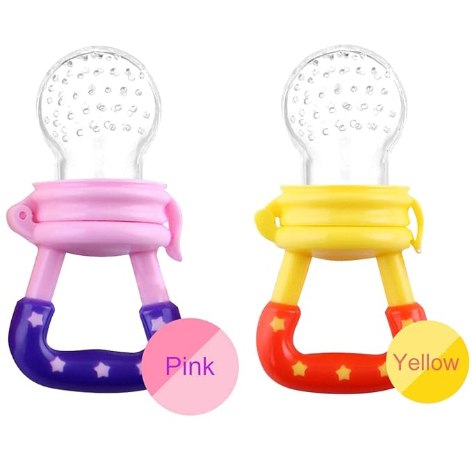 Baby Fruit Feeder by HAOBAOBEI, Frozen Teething Toys for Babies, Baby Fruit Pacifier Feeder with 3 Sizes Silicone Pouches, Baby Eating Essentials, BPA Free Baby Feeding Supplies -2 Pack (Pink Yellow)