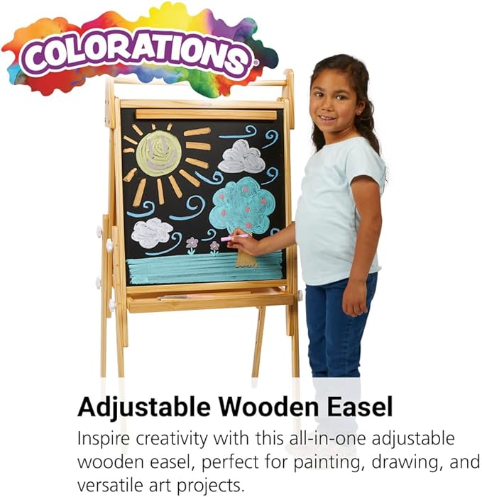 Colorations All in One Wooden Adjustable Easel for Kids, Ages 2-6 + |32", 37", & 41" Heights | Toddler, Preschool, & Kindergarten Art Stand with Whiteboard & Chalkboard | Magnetic